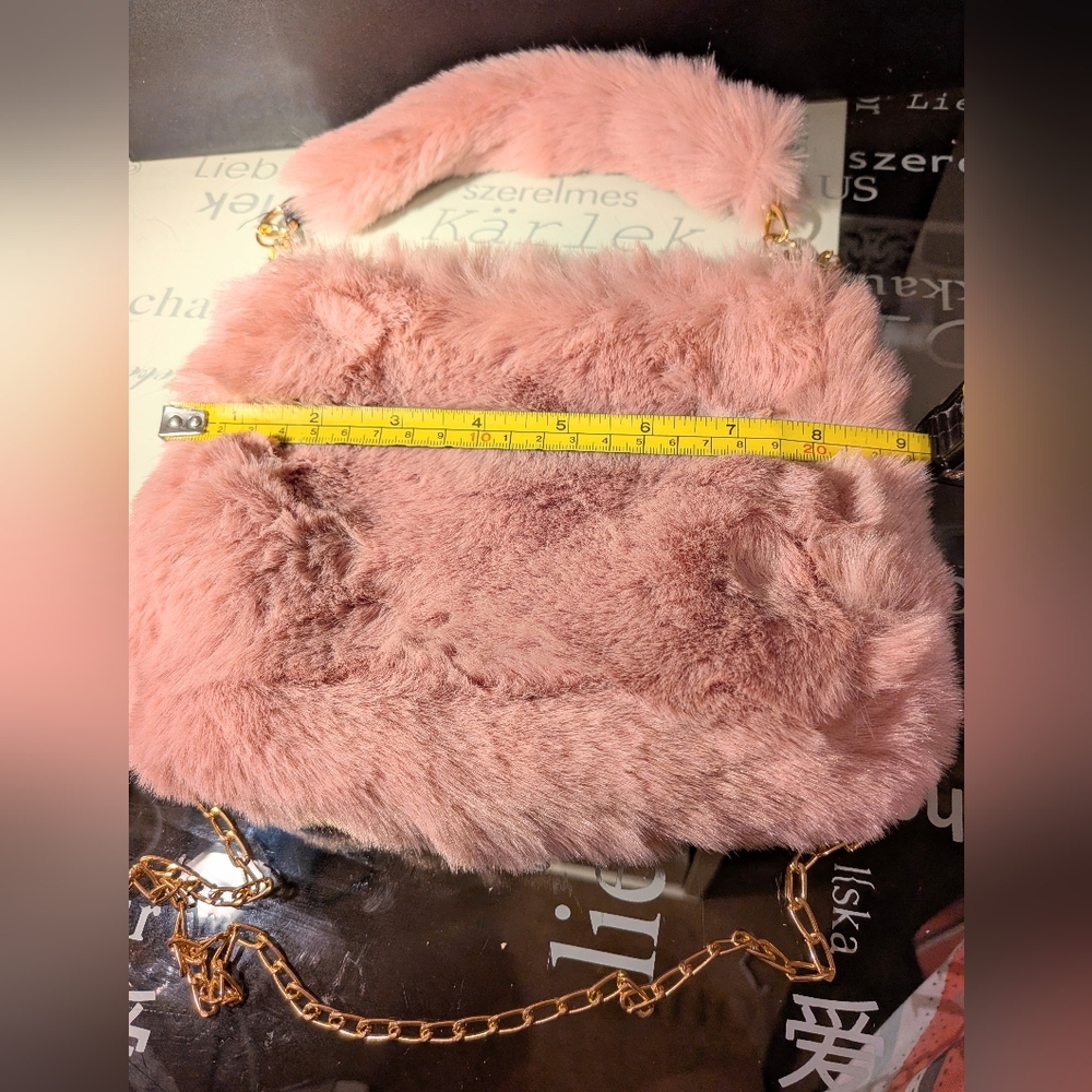 Faux Fur Pink Crossbody Bag, With Fur Handle And 36 Inch Crossbody Chain